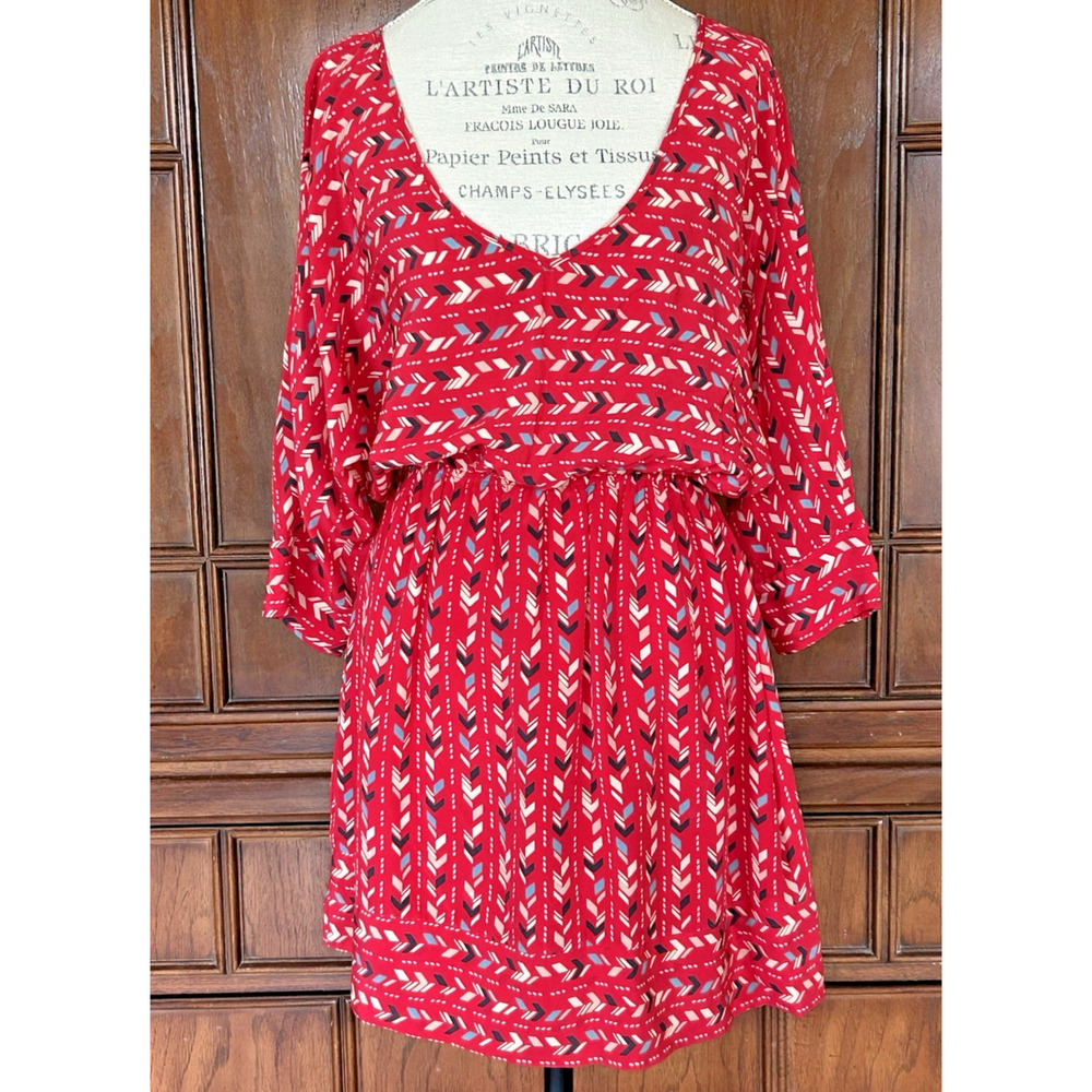 HARLYN 100% Silk Mini Confetti Dress Lined Skirt V-Neck Dolman Sleeves Size Med